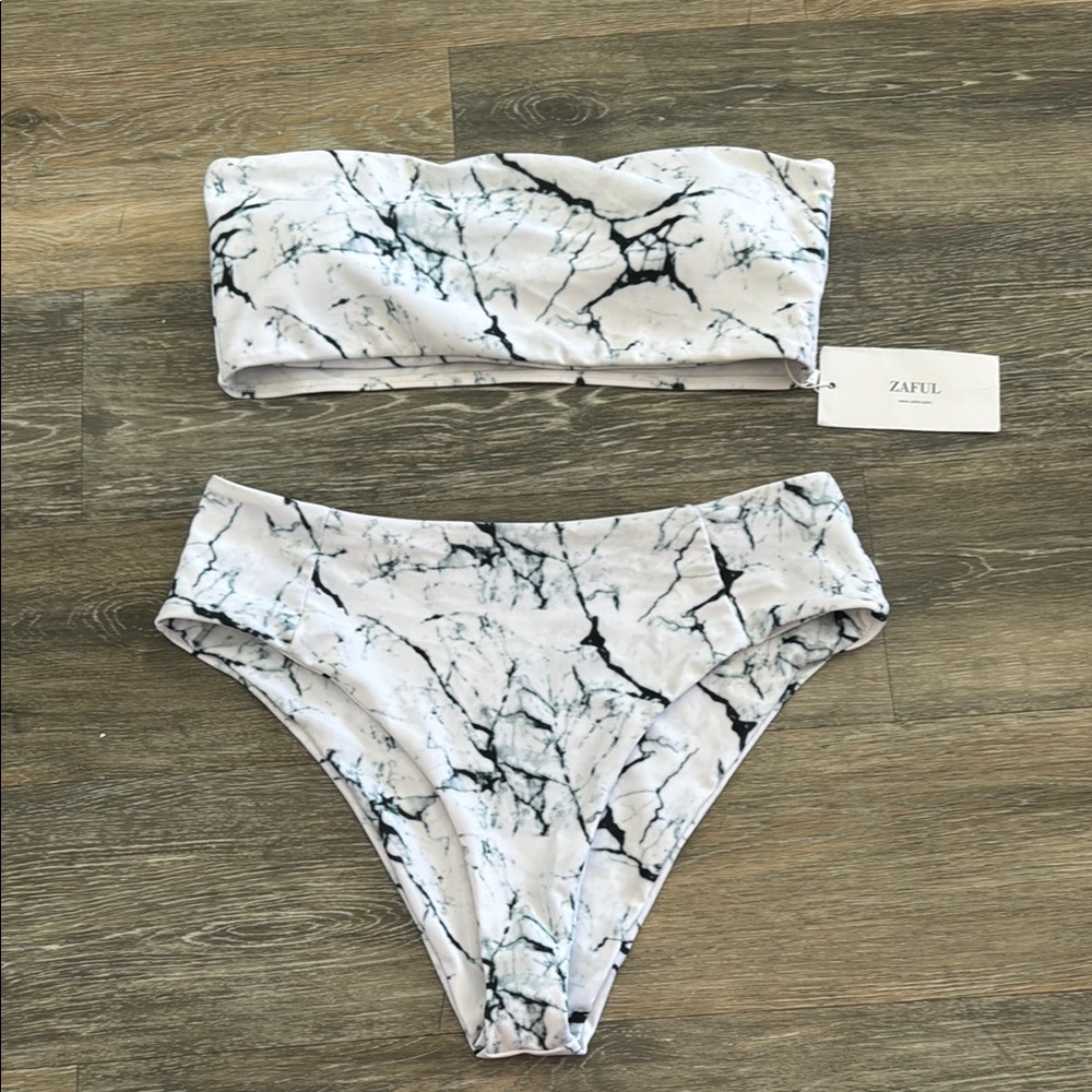 NWT Marble Print Bandeau Bikini Set - Black and White